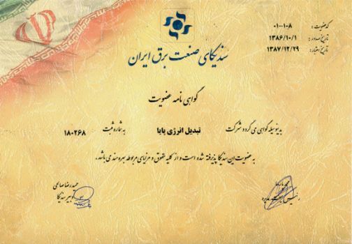 Iranian Electricity Industry Syndicate Membership Certificate
